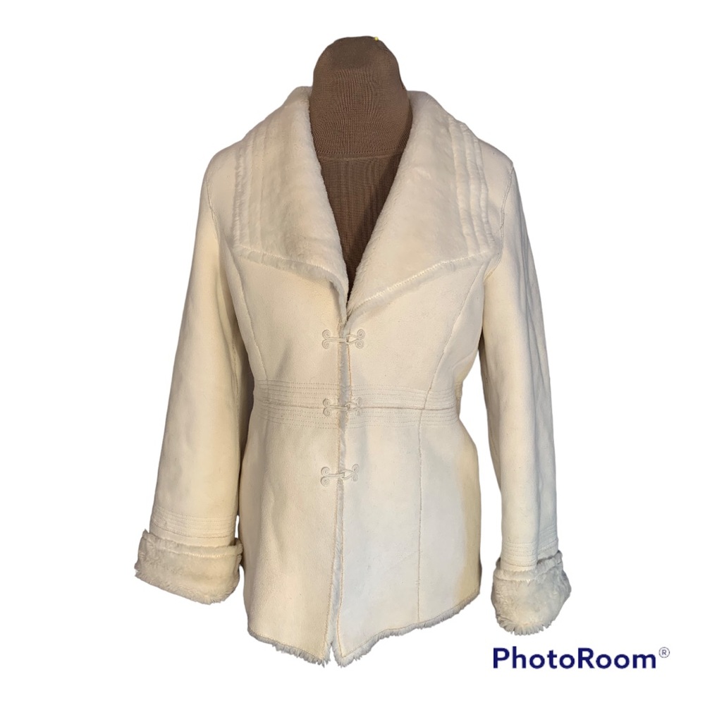 White house black market, cream Faux fur, suede look coat. Size S